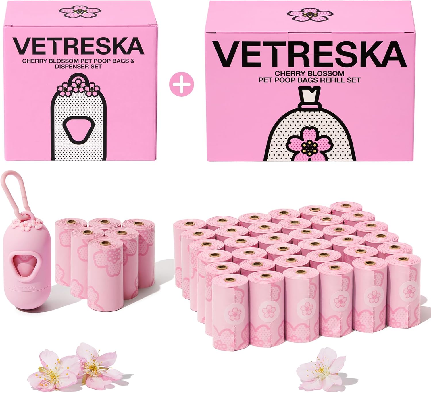 VETRESKA Dog Poop Bag Dispenser with Cherry Blossom Scented Bags, Leak Proof, Extra Thick Waste 1 Count Holder and 645 Bags for Walking Cats Litter, Pink