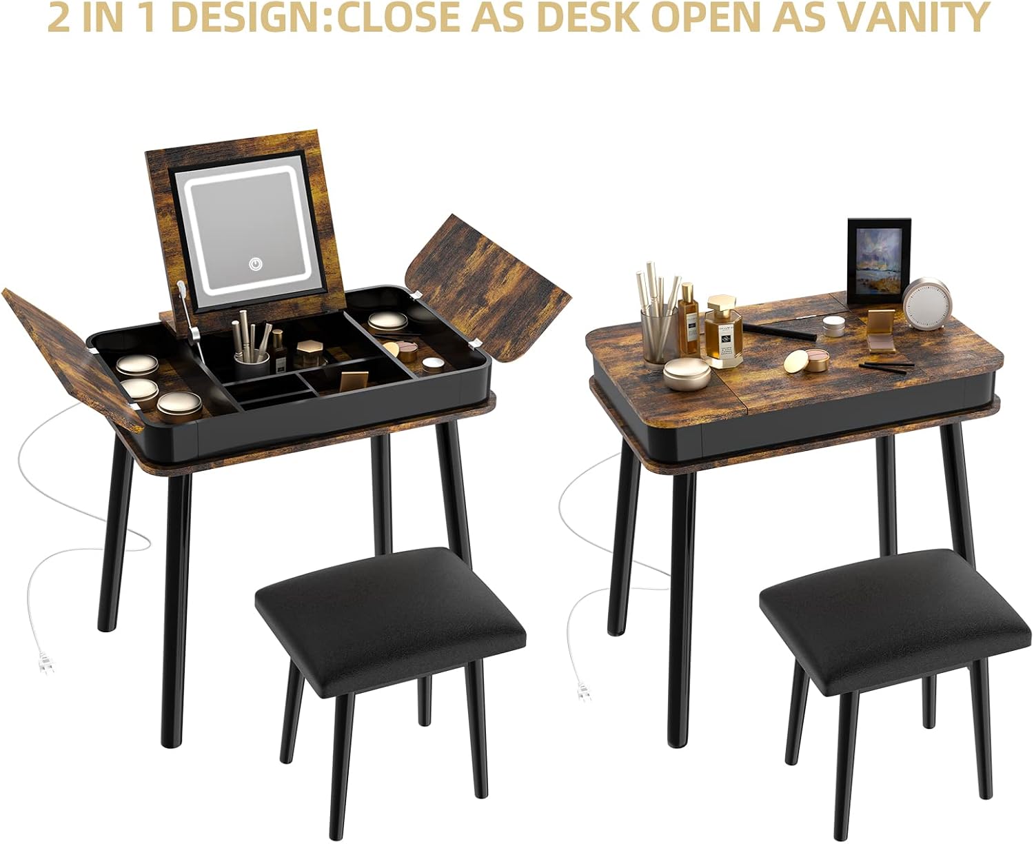 Tiamo Retro Wooden Vanity Desk with Mirror, Lights, Chair & Drawers - 32" Flip Top Makeup Table and Stool Set in Brown