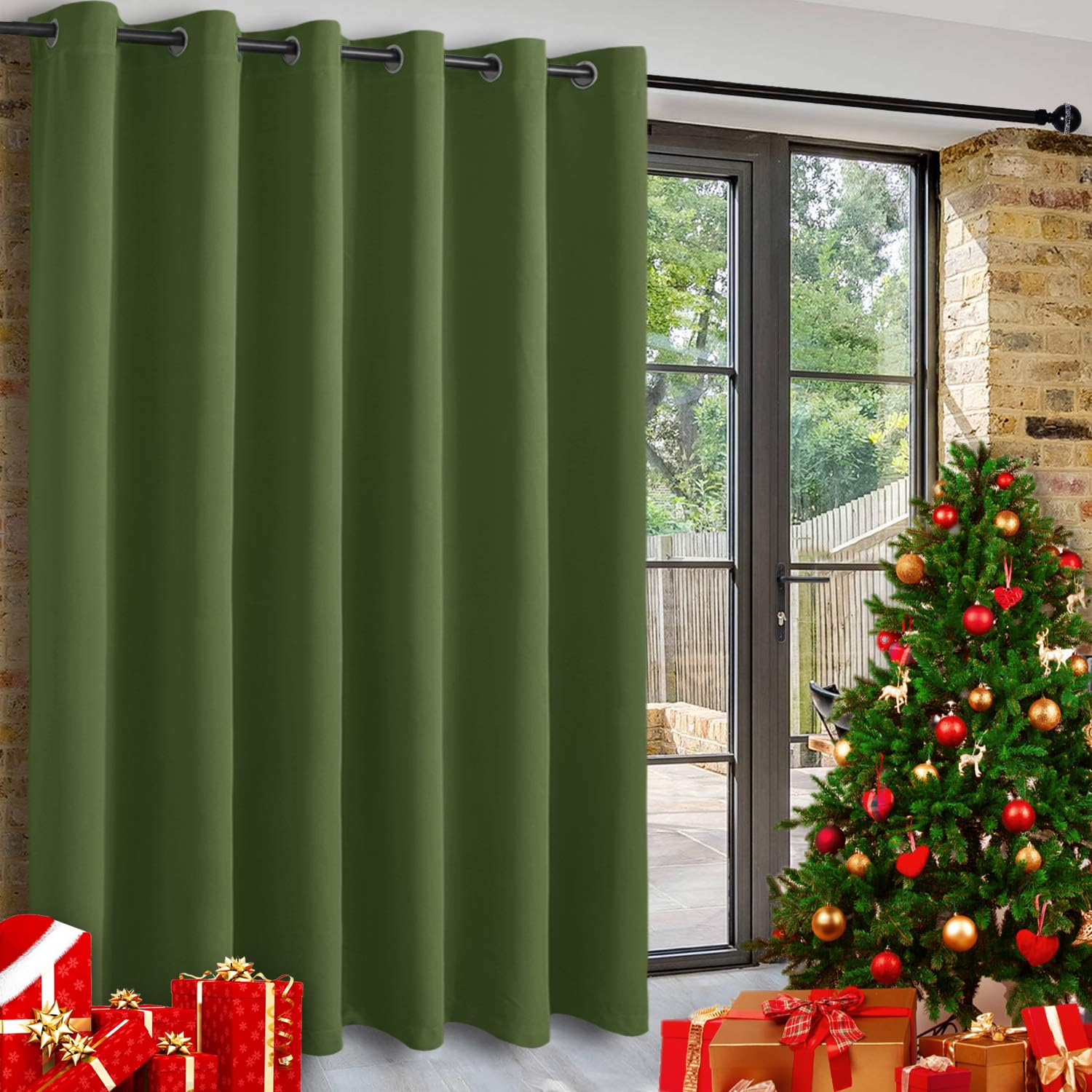 DWCN Christmas Privacy Room Divider Blackout Curtain - Thermal Curtains for Patio Door, Living Room, Bedroom Partition, 1 Grommet Curtain Panel, 8.3ft Wide x 7ft Tall, Olive Green