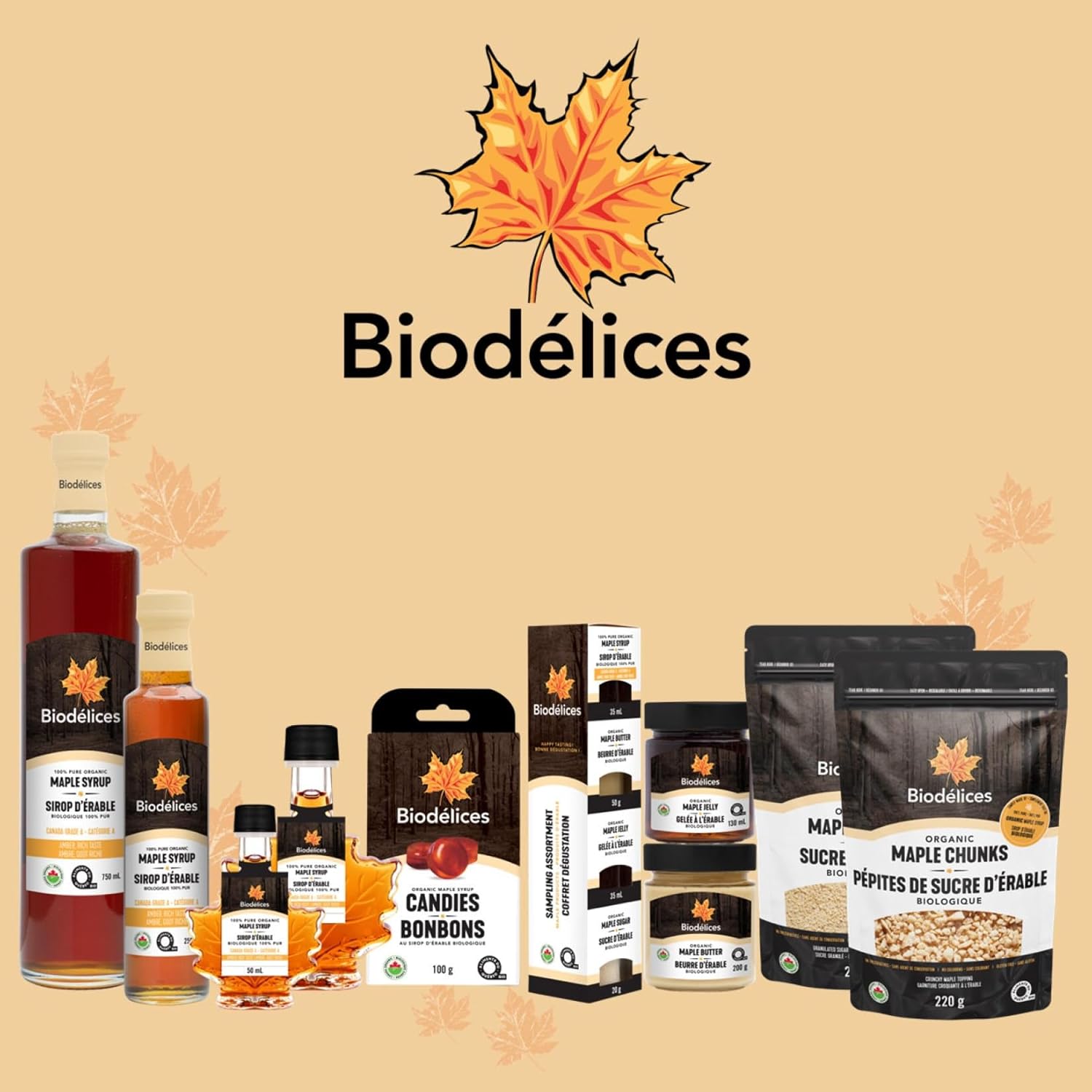 Biodelices Organic Maple Syrup, Maple Butter, Maple Jelly, and Maple Sugar - 100% Pure Maple Syrup - Tasting Pack - Premium Artisan, Natural and Authentic