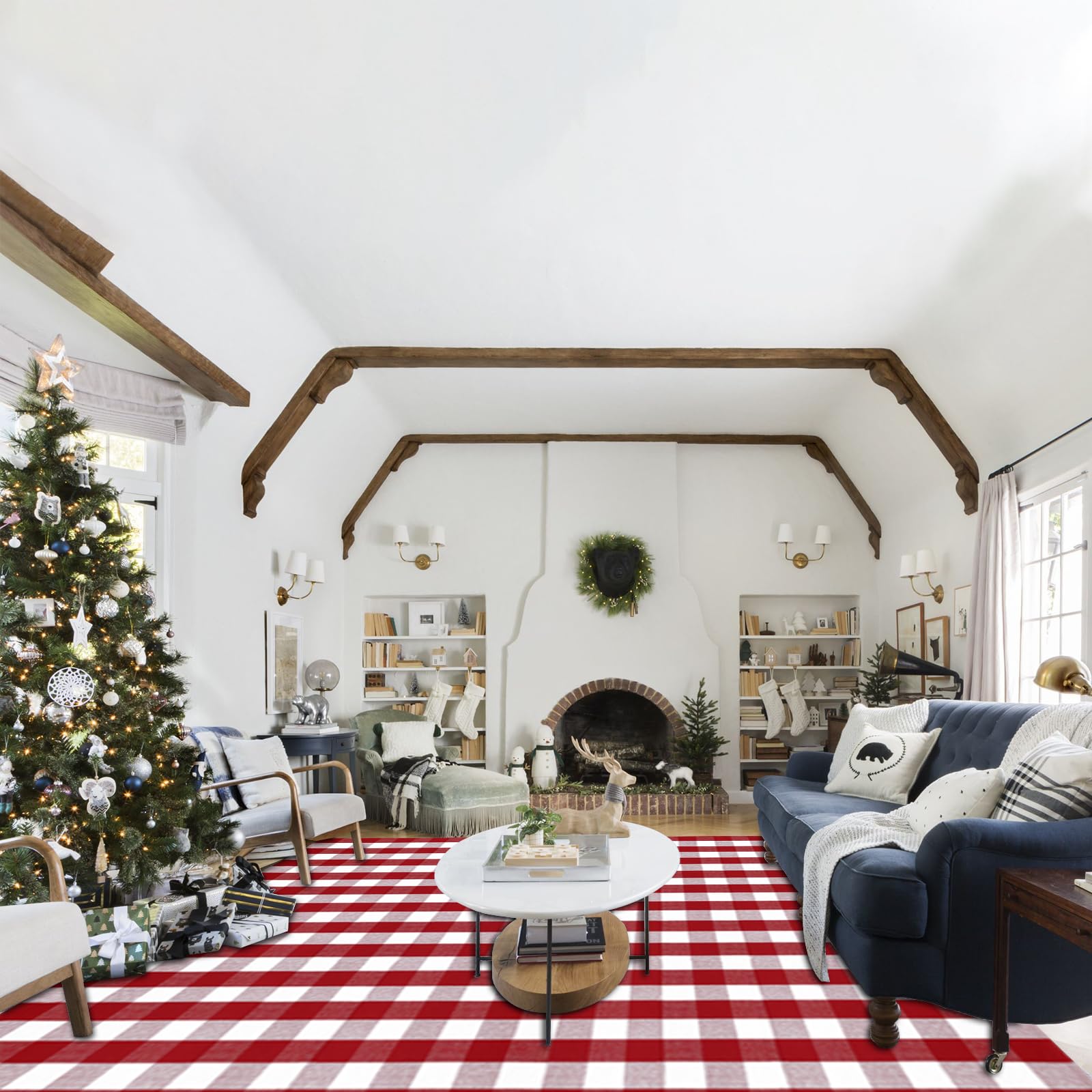Alfombra de Navidad a cuadros rojos y blancos, 8 x 10 pies, de algodón, tejida a mano, lavable, retro, para interiores y exteriores, alfombra de Navidad para cocina, comedor, dormitorio, sala de estar