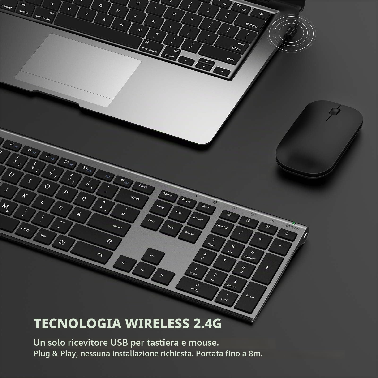 seenda Set tastiera e mouse wireless, ultra sottile e alluminio, QWERTZ
