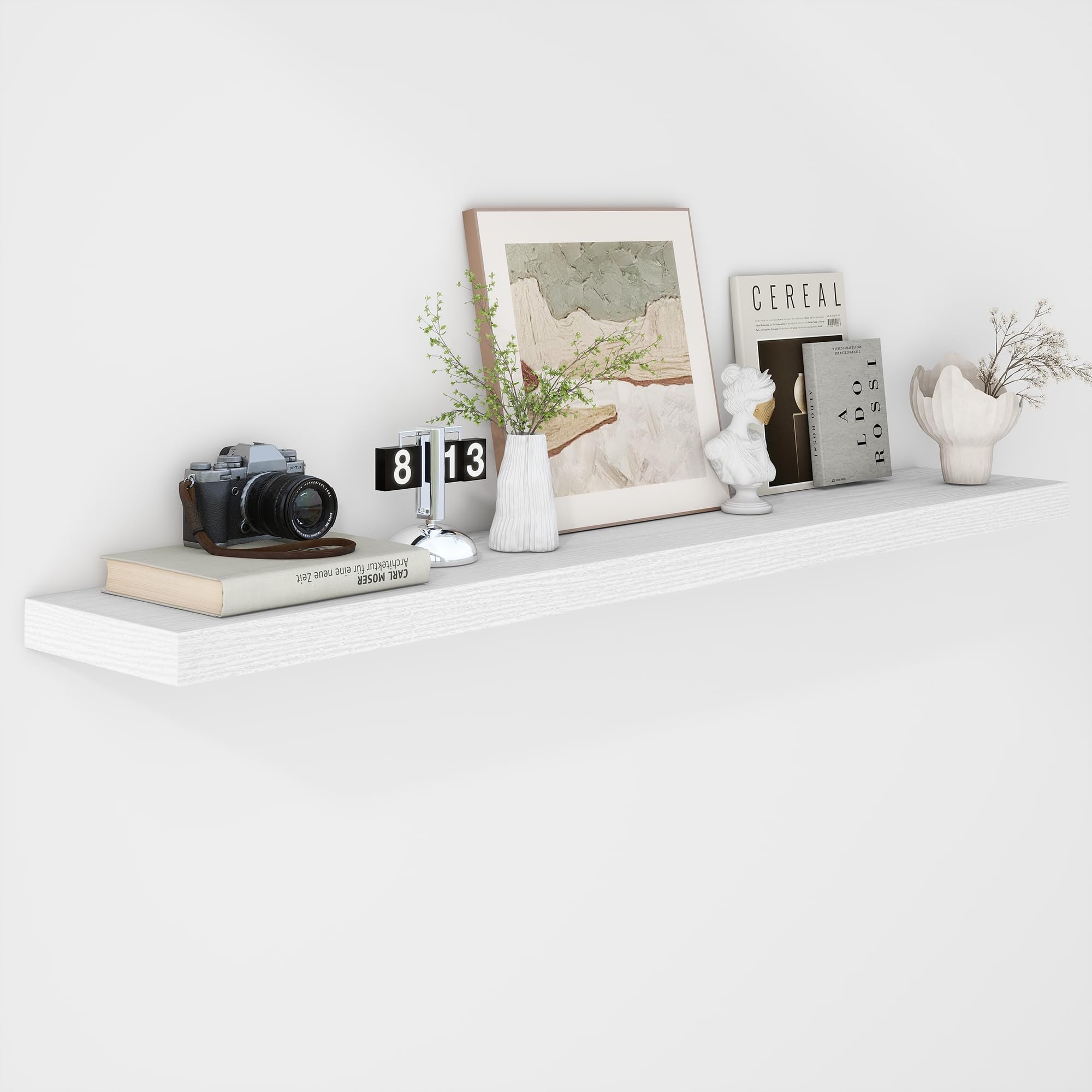 Fun Memories 55 Inch Floating Shelves - 9 Inch Deep Rustic Wooden Wall Shelves - Extra Deeper & Thicker Wall Mounted Storage Shelf for Living Room, Kitchen, Farmhouse - 55" W x 9" D x 1.8" H - White only 1 shelf