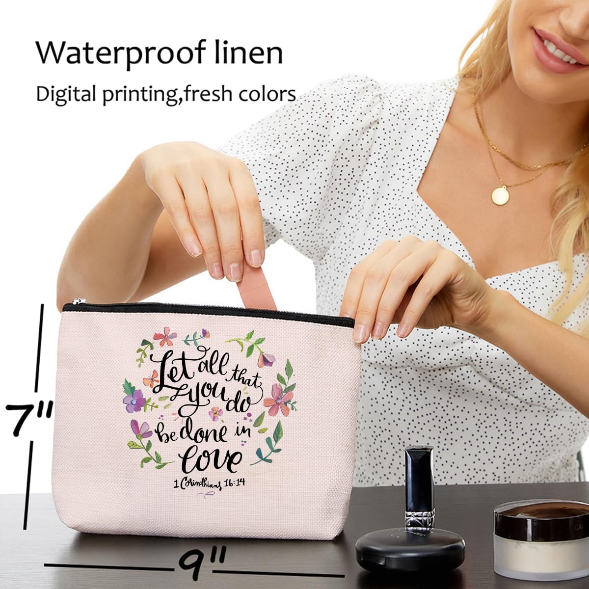 Bible Verse Makeup Bag for Women, Aesthetic Flower Portable Travel Organizer Toiletry Cosmetic Bag with Zipper, Roomy Makeup Bags Skincare Pouches Travel Accessories, Christian Gifts - Image 5