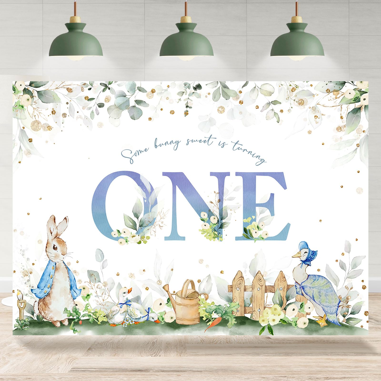 Rsuuinu Bunny 1st Birthday Backdrop Easter Rabbit Eucalyptus Leaves Fence Golden Dots Photography Background Kids Child First Birthday Party