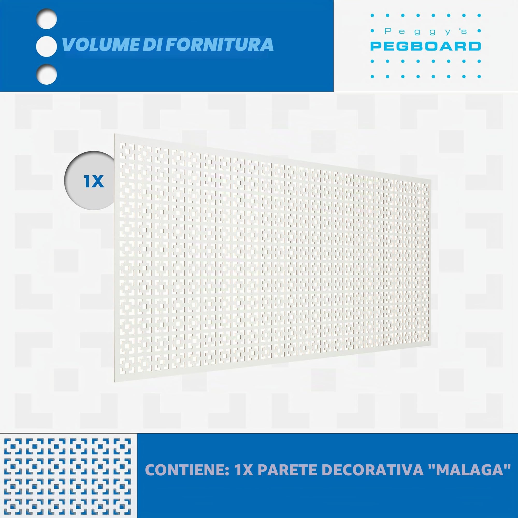 PEGBOARD - Malaga parete forata 122x61x0,3 cm, pannello MDF laccato bianco - Made in Germany - Rivestimento termosifone, porta, paravento o griglia di ventilazione