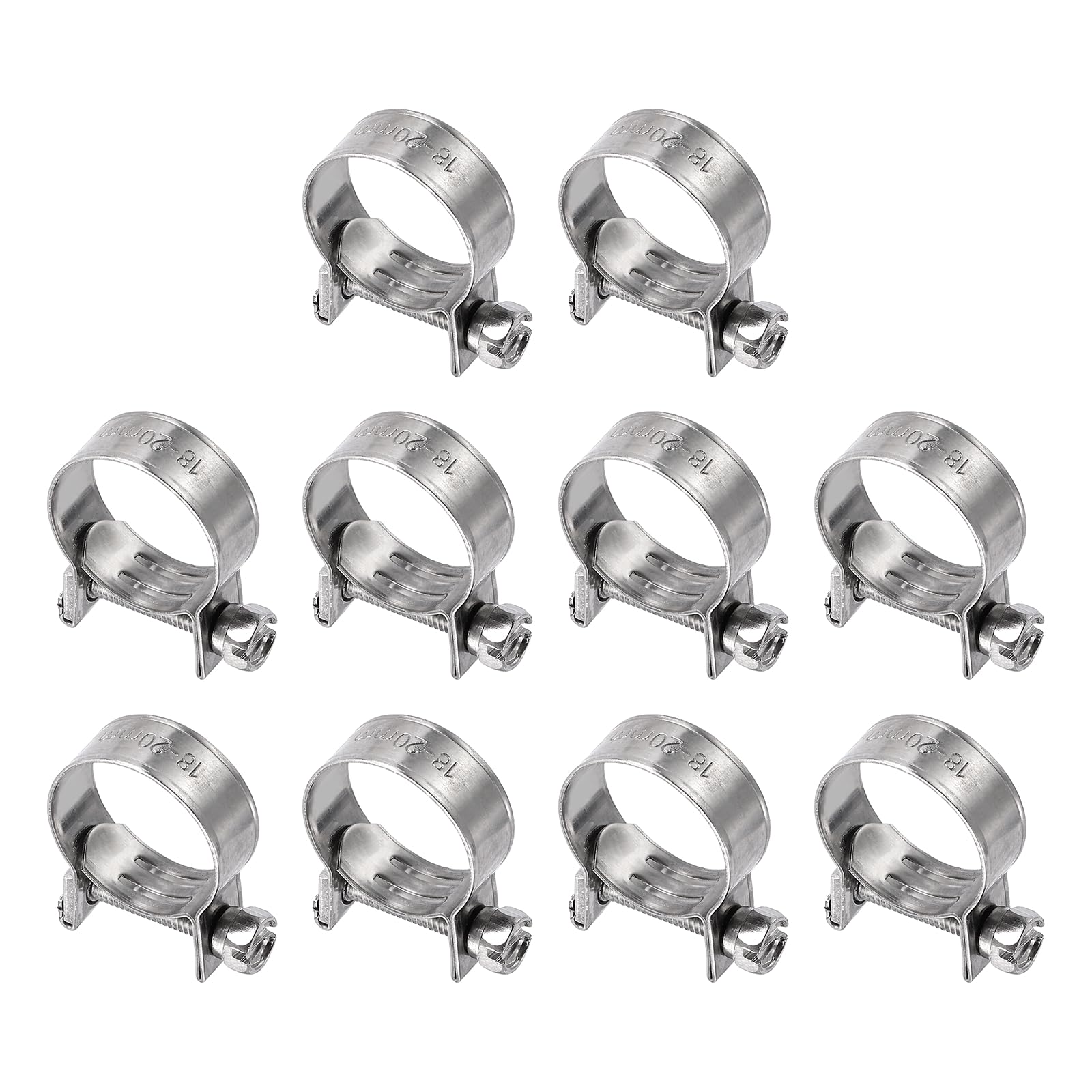 sourcing map 10pcs Fuel Injection Hose Clamp 18-20mm Adjustable 304 Stainless Steel Mini Gas Line Hose Clamp for Automotive Agriculture Plumbing Diesel Petrol Pipe