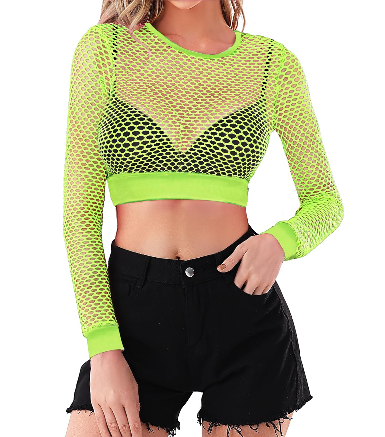 WILDPARTY 80s Fishnet Top for Women, Long Sleeve Crop Top Fishnet Shirt Casual Sexy See Through Mesh Top