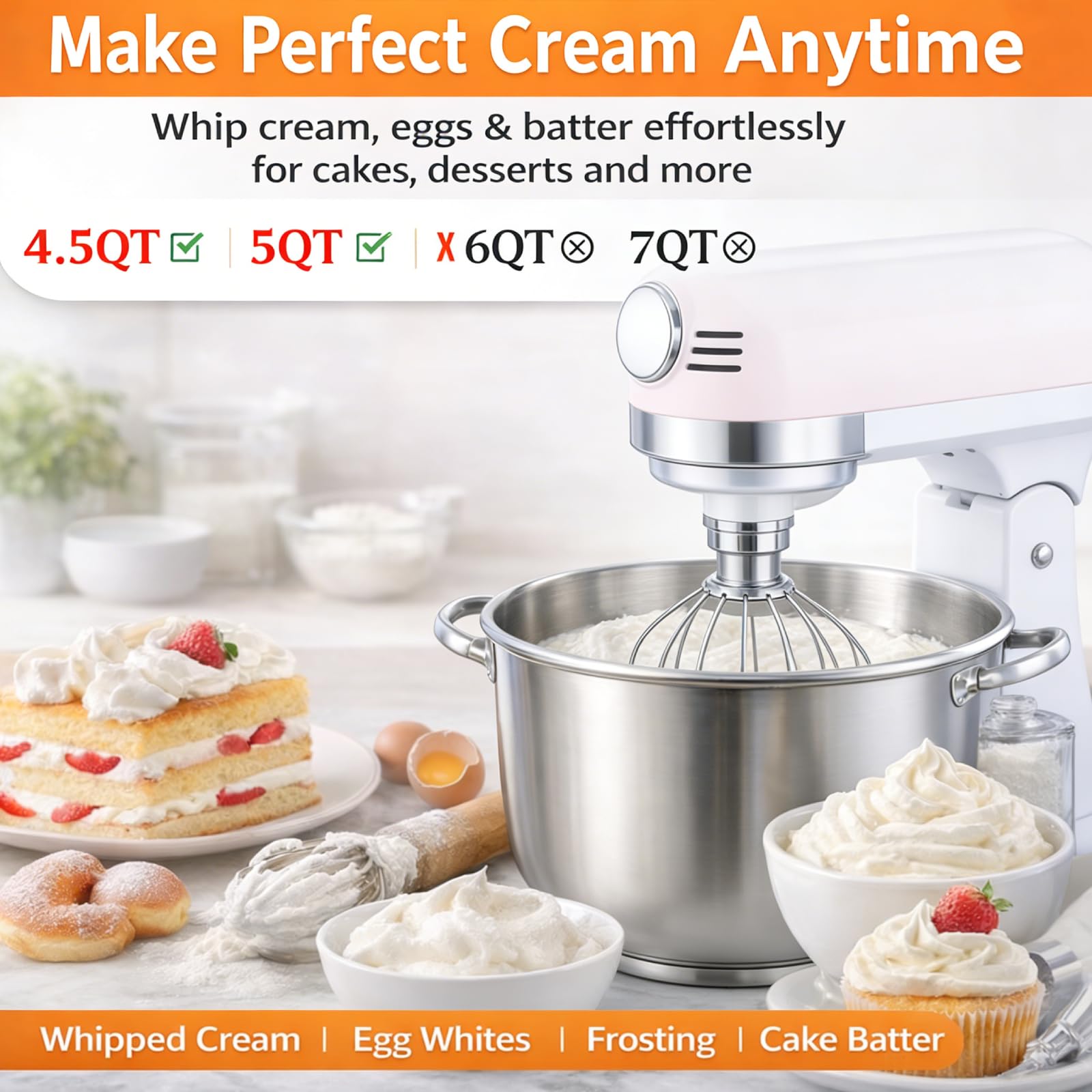 Poweka K45WW - Frusta in acciaio inox, compatibile con KitchenAid Robot pasticceria 4.5QT e 5QT Tilt-Head, per crema, albume d'uovo e pasta