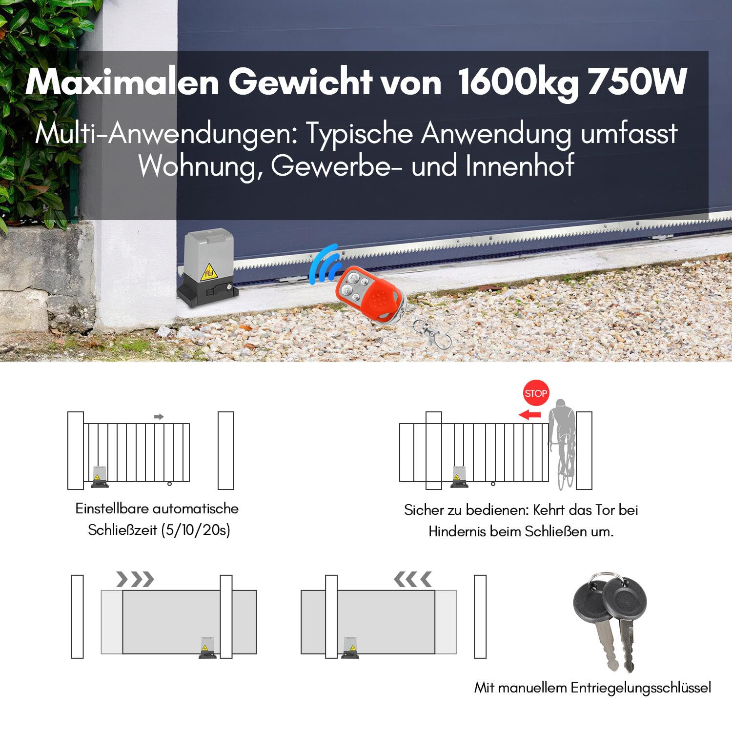 Schiebetorantrieb 750W, Garagentorantrieb bis 1600kg, Schiebetorantrieb Set mit Fernbedienungen und Automatische Schließfunktion, Automatischer Flügeltorantrieb Torantrieb Wasserdicht