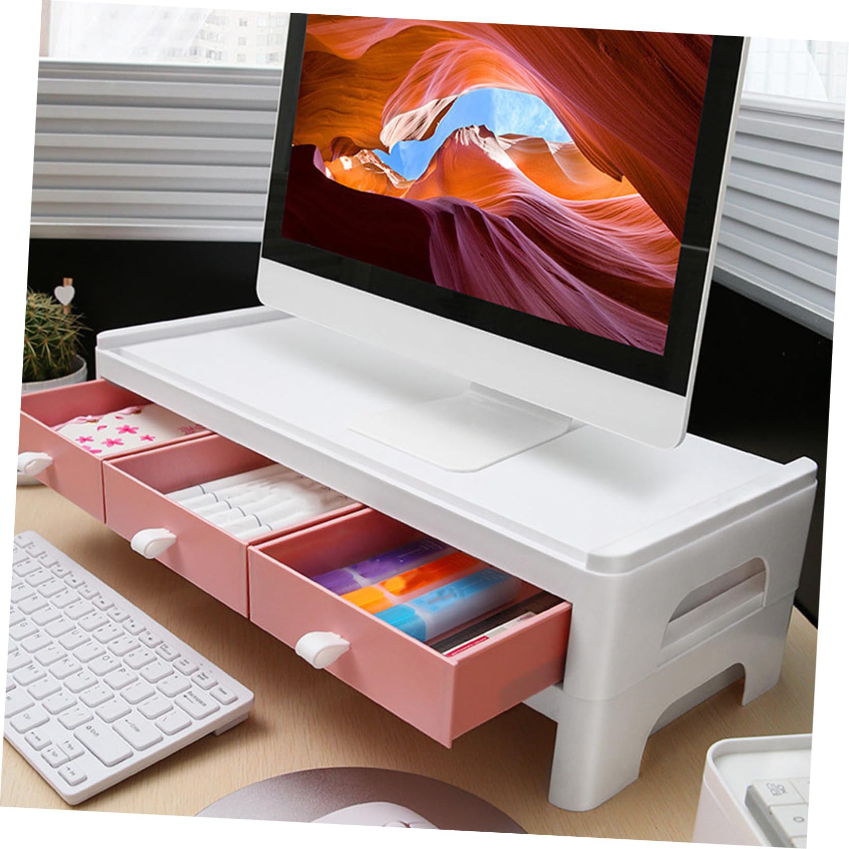 Rialzo Schermo Scrivania Rosa in Plastico Supporto Fisso | Organizzazione Classificata per Stationery e Cosmetici, Uso Domestico, per Studenti e Appassionate Makeup