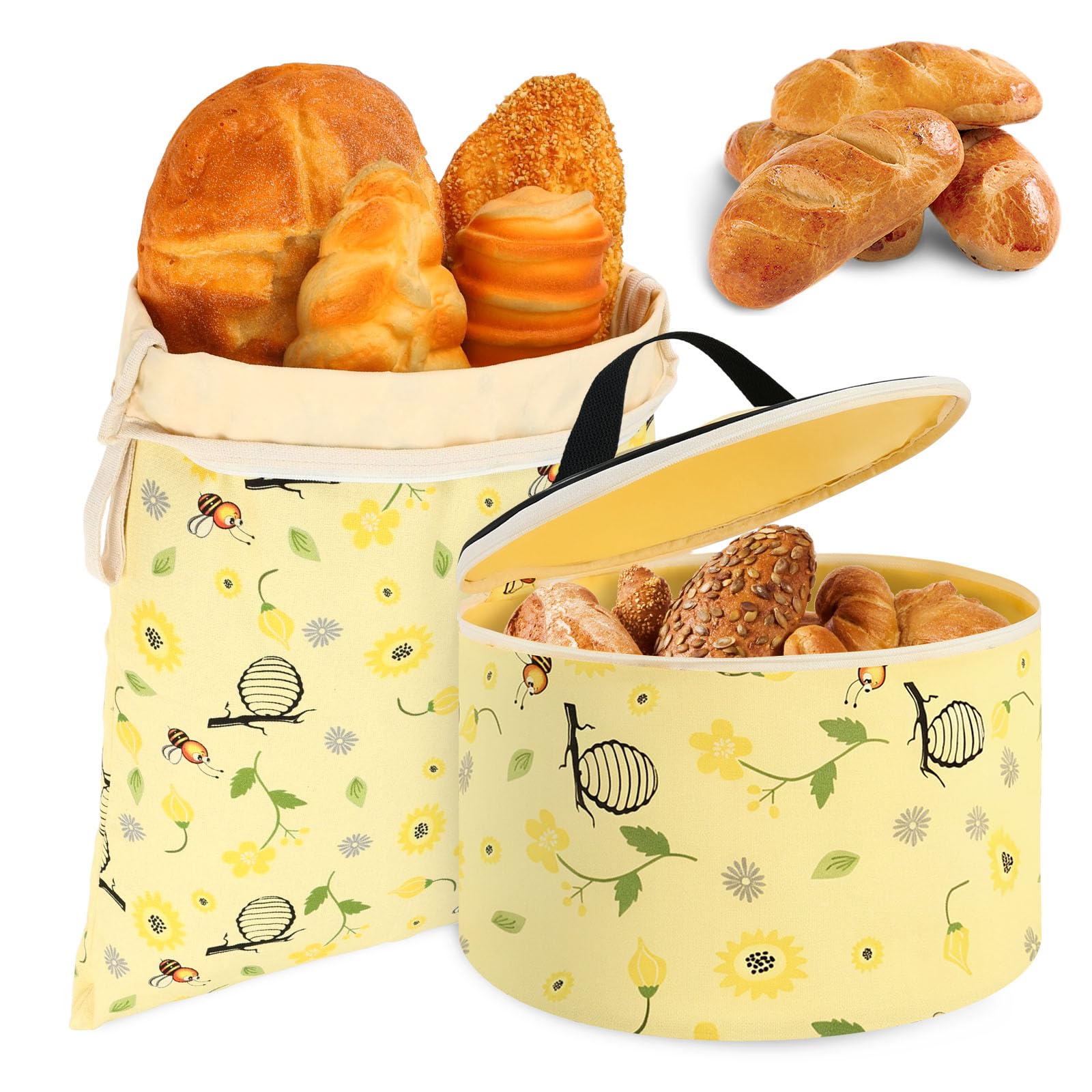 2 Pack Beeswax Bread Bags, Bees Wax Bread Bag for Homemade Breads, Reusable Loaf Beeswax Guard Bag with Zipper and Handle for Homemade Sourdough & Artisan Loaves(Sunflower)