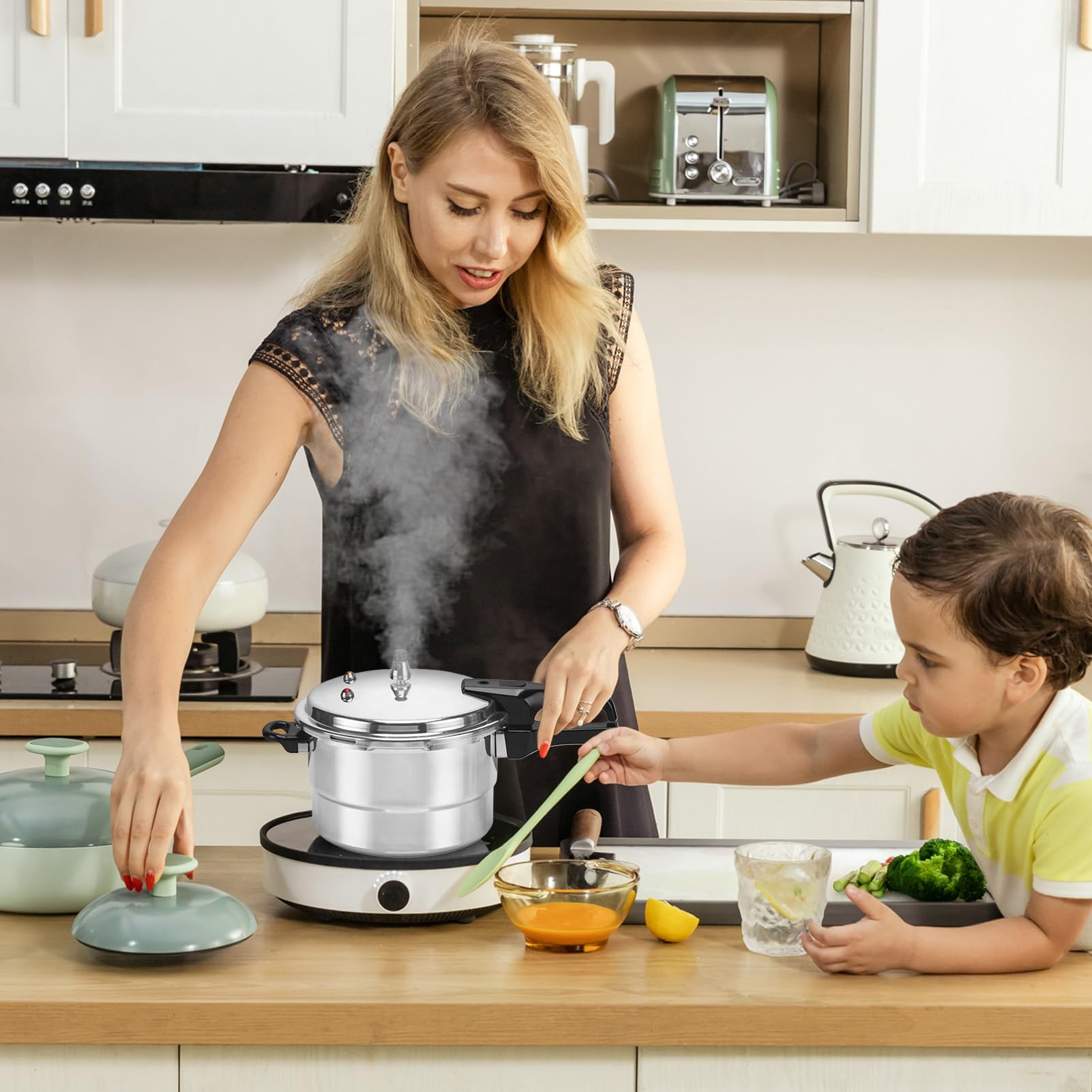 Szybkowar Na Kuchenkę Aluminiowy Do Warzyw, Mięsa, Drobiu I Owoców Morza | Wolnowar 5 l z wkładem do gotowania na parze Warzywa, mięso, drób i owoce morza – do domu, użytku komercyjnego, jadalni,