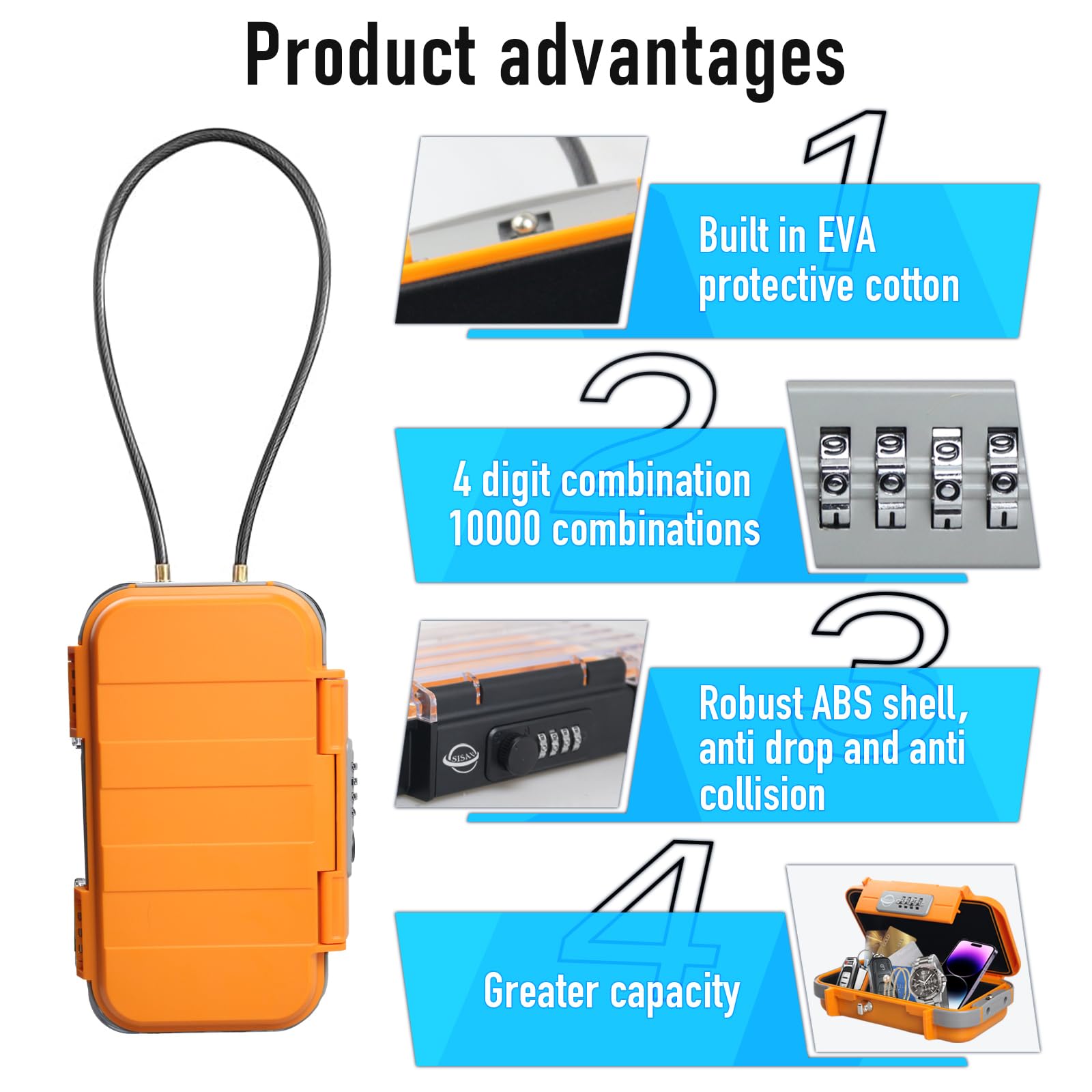 SISAV Portable Safe Box,Combination Safe with Removable Cable,Set Your Own Combination,For Travel,Family and Outdoor Camping Activities Orange - Image 4