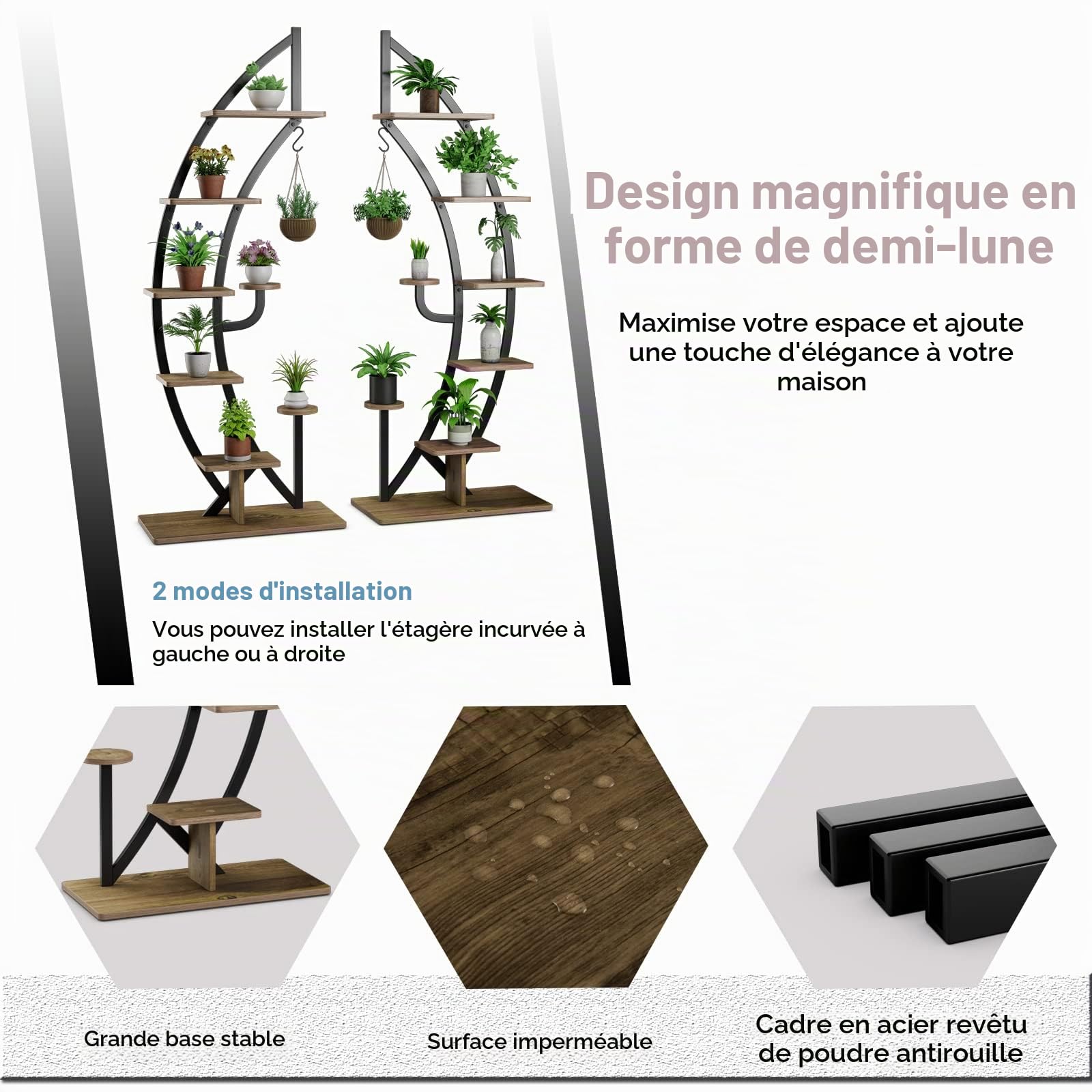 KOMFOTTEU Support Plantes 7 Niveaux, Intérieur & Extérieur, 2, Noir
