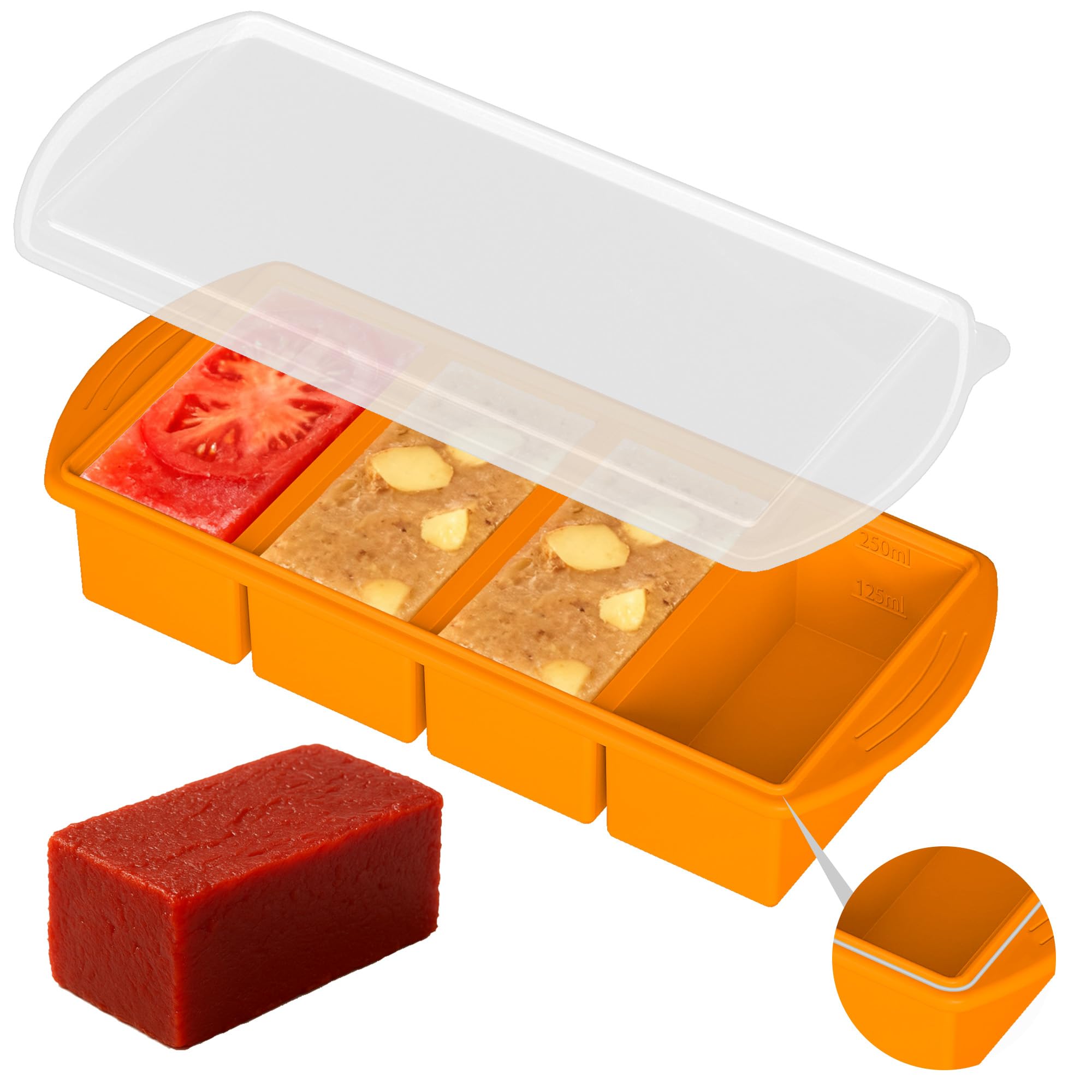 Orange Silicone Freezer Tray with Lid – 1-Cup Portion Mold for Soup, Sauce – Stackable BPA-Free Silicone Meal Prep Container, Easy-Release Freezer Storage for Home and Travel