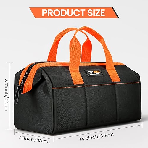 Miniatura 2 de Bolsa de herramientas, bolsa de almacenamiento resistente de 14 pulgadas con asas, tela de poliéster 600D de doble capa, negro y naranja,