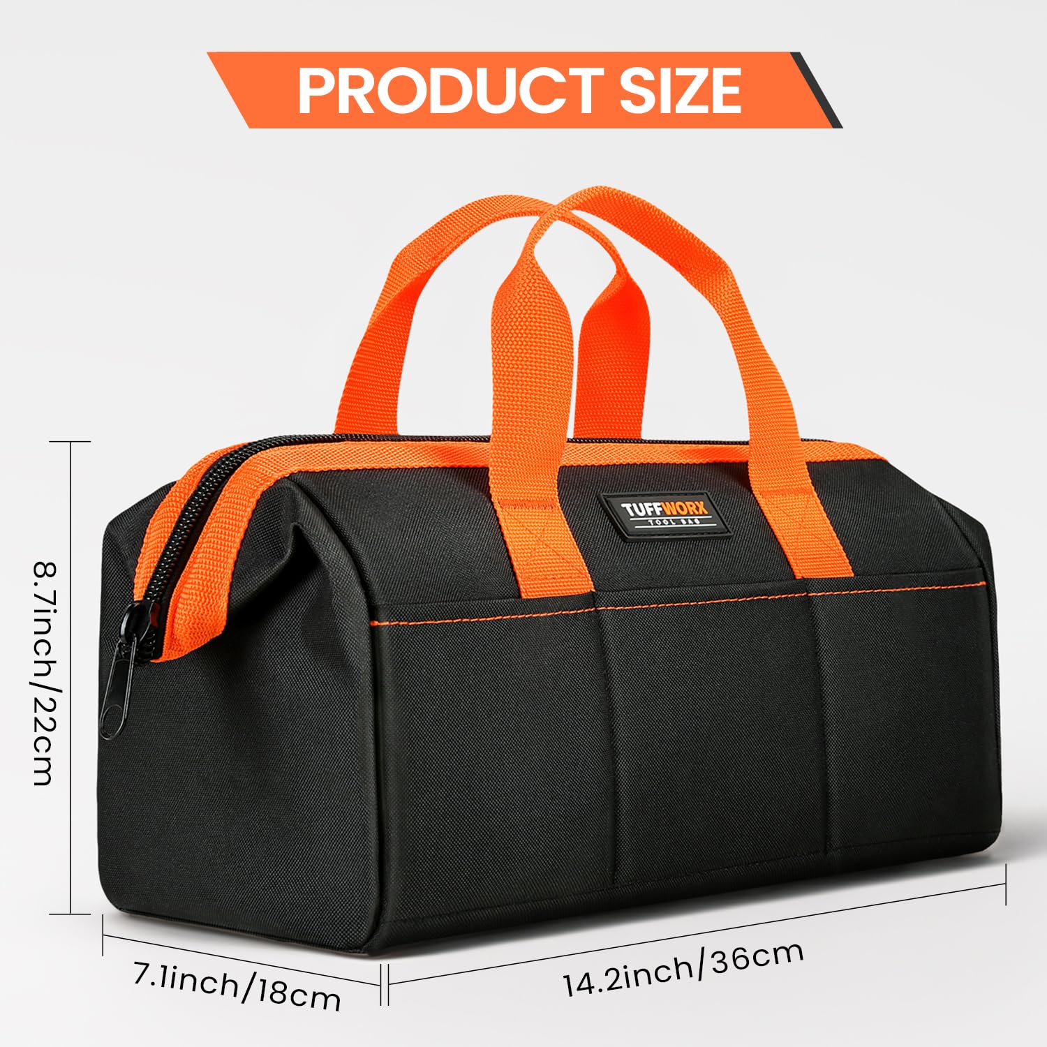 TUFFWORX Wide Open Mouth Tool Bag, Multi-pockets Tools Storage Bag, Heavy Duty Tool Organiser with Handle, Black and Orange, 14 Inch - Image 2