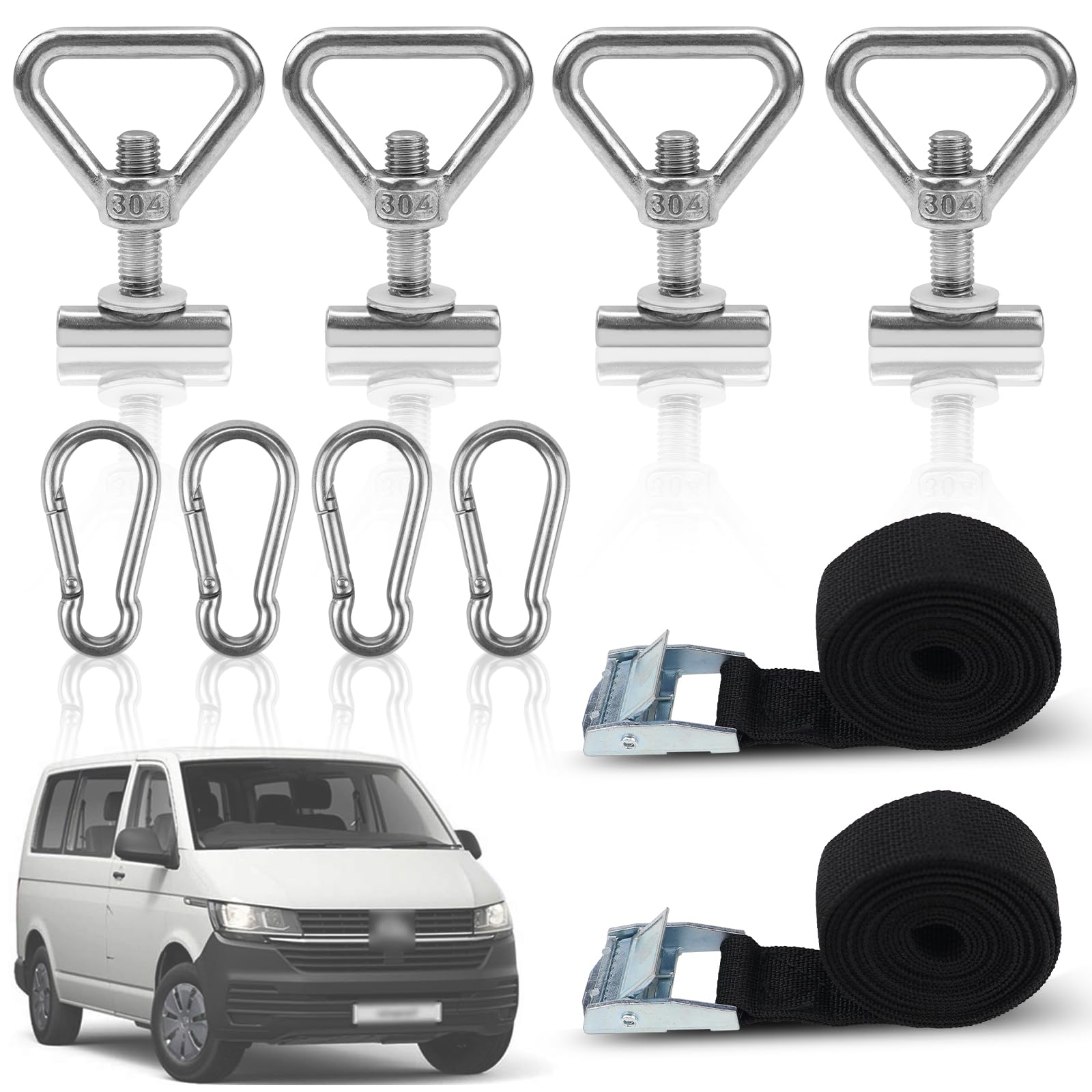 LPZMPZ Juego de 10 anillas de amarre para asegurar la carga, de acero inoxidable, con 4 mosquetones, 2 correas tensoras cortas compatibles con VW T5/T6/T6.1 Bully Multivan California Beach Caravelle