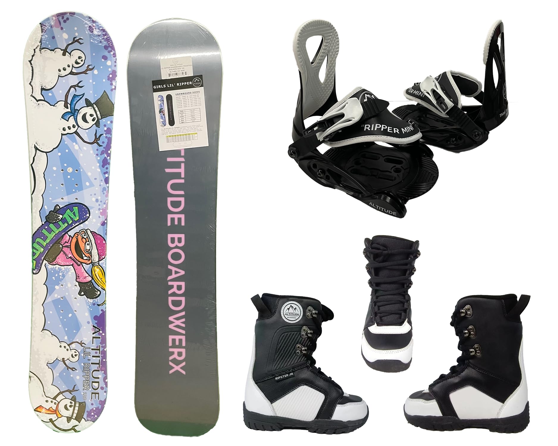 Altitude Toddler Girls Lil' Ripper Beginner Snowboard Package Rocker Snowboard, Boots, Bindings (115CM, Small (1K-3K) Bindings, Size: 3)
