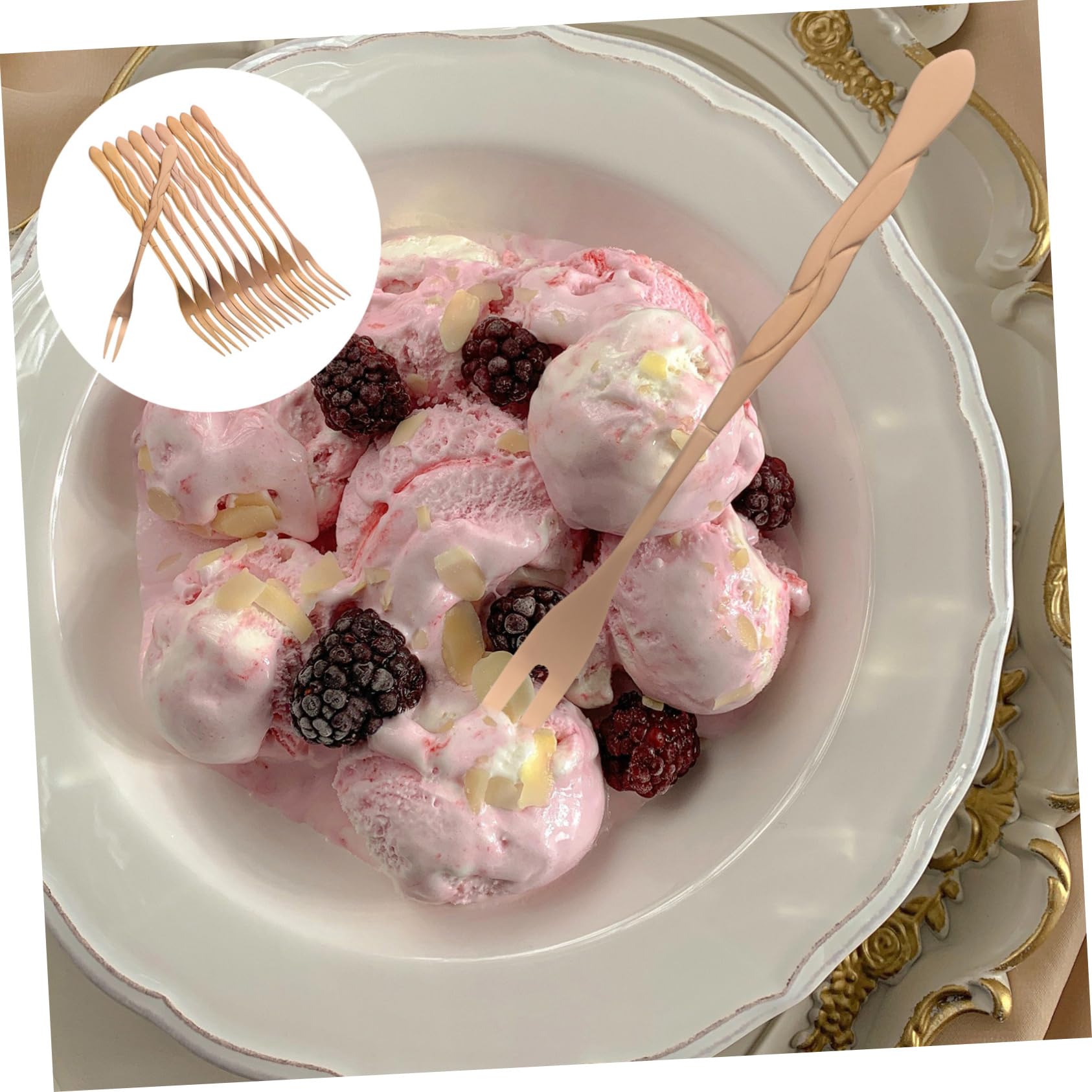 MAGICLULU 20pezzi Forchette Per Frutta Acciaio Inossidabile Doppio Dente Eleganti Forchettine Per Dessert e Insalate Per Feste e Eventi Hotel e Bar Oro Rosa