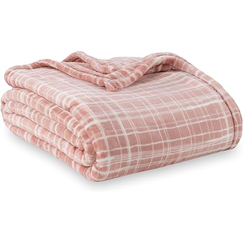Berkshire Blanket-Classic Heavyweight Soft Printed VelvetLoft® Plush Warm Blanket, Twin Size Soft Fuzzy Blanket for Couch Sofa Bed, Watercolor Plaid Blush, 60in x 90in