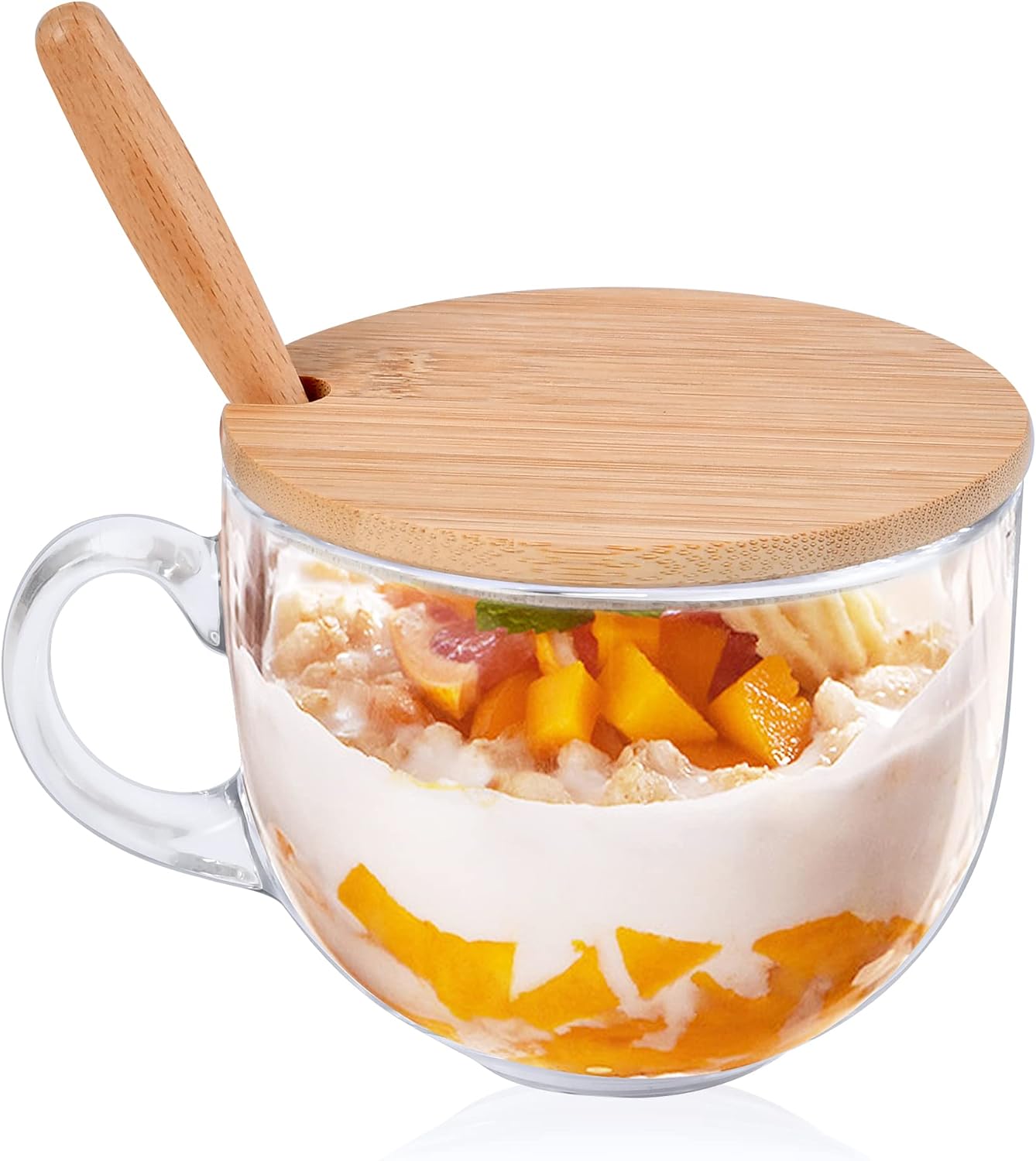 15 Ounce Mug, Mug with Lid and Spoon, Cute Glass Cup for Coffee, Milk, Water