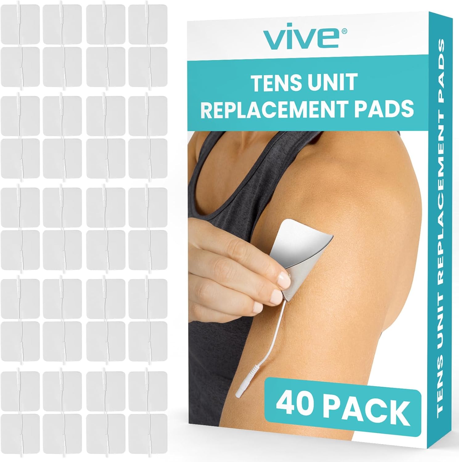Vive Tens Unit Replacement Pads (40 Pack) – Reusable, Self Adhesive – Fits Omron, Auvon, TENS 7000, Healthmate Electrode Pads for Muscle Stimulation & Electrotherapy – 2mm Connector, EMS Devices