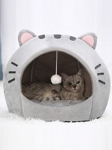Miniatura 6 de QWINEE Cama para gatos con forma de oso para interiores con cojín extraíble, tienda de campaña de felpa para mascotas, diseño de orejas de dibujos