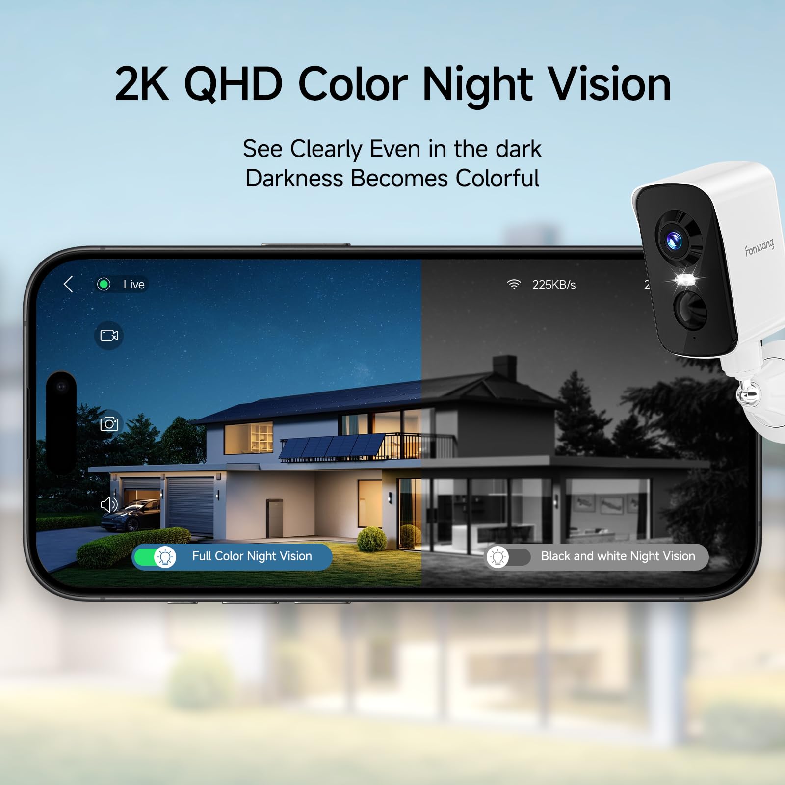 fanxiang Camara Exterior Solar Inalámbrica 2K, Vigilancia Cámara de Seguridad Exterior sin Cables con Panel Solar & Tarjeta 64GB Visión de 360°, Visión Nocturna en Color, Detección AI, PIR, IP65