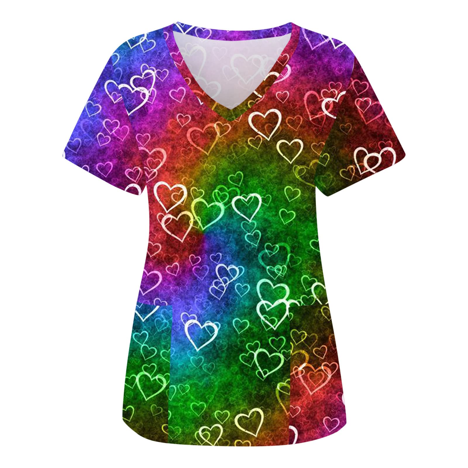 Printed Scrub Tops for Women Short Sleeve Love Heart Nurse Working Uniform V Neck Summer Holiday Tunic Blouse with Pocket