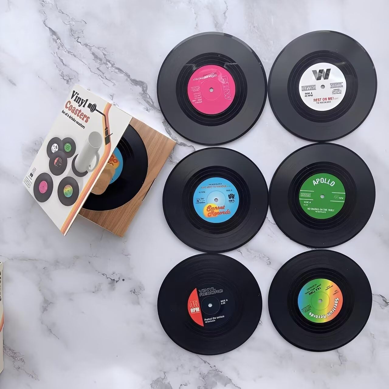 6PCS Coaster Vinyl Record Disk Coasters for Drinks - Vinyl Tabletop Protection, Retro Home/Bar Decor|Housewarming Gifts for Music Lovers（AB-001）