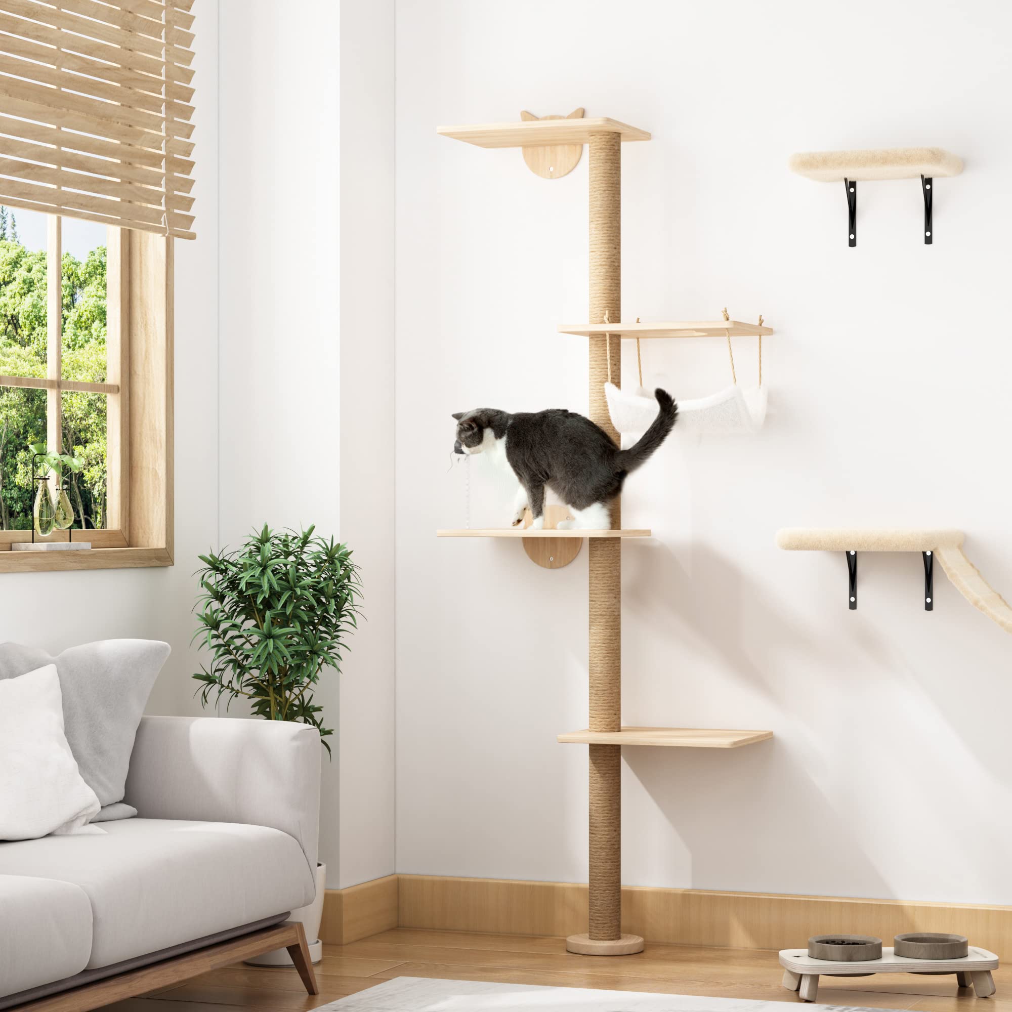 COZIWOW Wall Mounted Scratching Post, 4-Tier Cat Climbing Tower, Cat Activity Tree with Hammock, Sisal Scratcher Mat and Cat Mouse Toy for Indoor Use, Medium and Large Cats, Natural Wood