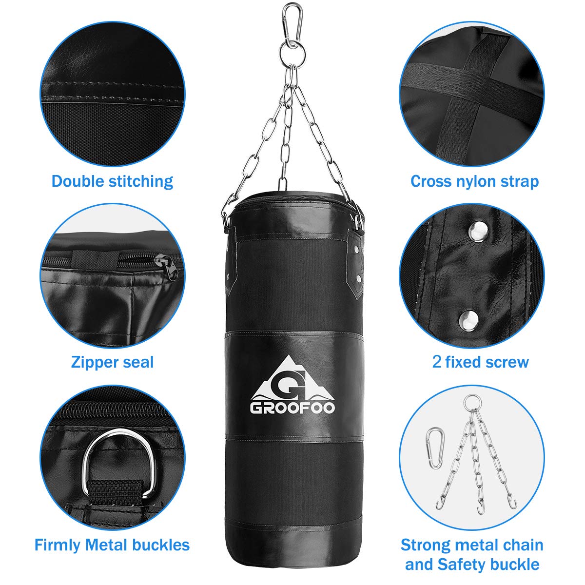 GROOFOO Boxsack Kinder Hochleistungs Oxford Boxsack für Kinder, Jugendliche und Erwachsene, UNGEFÜLLTE Tasche mit Mount Chain Heavy Duty Pouching Bag für Boxtraining MMA Muay Thai
