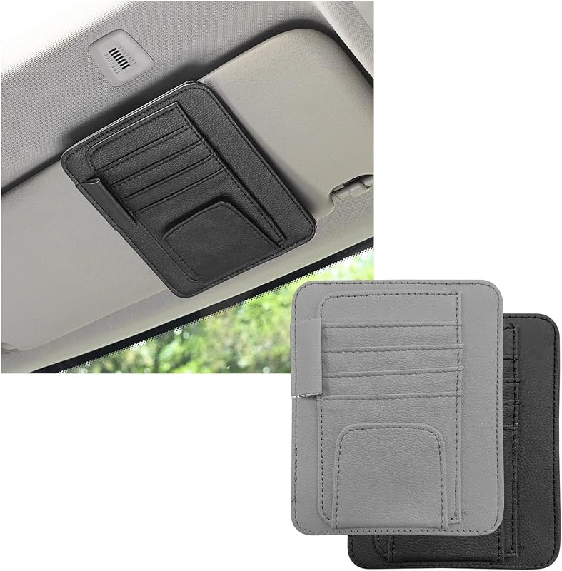 Organizador de Couro PU para Para-Sol Automotivo Dickno com Porta-Cartões, Porta-Caneta e Clipe para Óculos, Preto e Cinza, Kit com 2