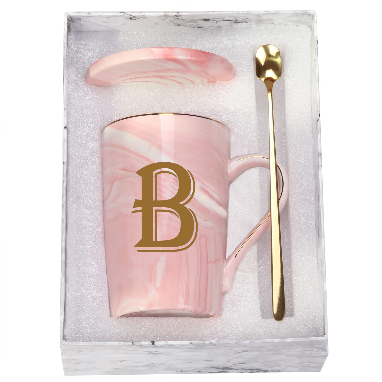 Personalized Marble Coffee Mug - Letter B Initial, 14 Oz Pink with Gift Box - Bridal Shower Gift