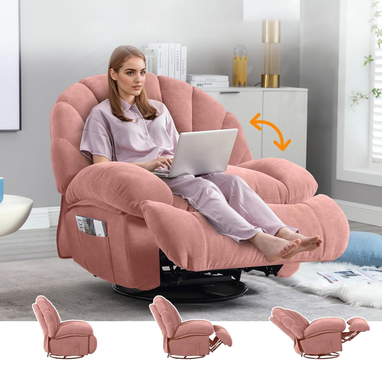 Swivel Rocker Recliner Chair – Shell Shape Manual Big Tall Single 360° Swivel Reclining Sofa with Storage Pockets | Small Space-Friendly for Living Room/Bedroom (NO Massage & Heat, Pink)