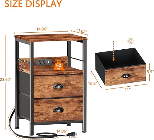 Miniatura 3 de Furologee Juego de 2 mesitas de noche, color marrón rústico, con estación de carga y puertos USB, mesas auxiliares con 2 cajones de tela, mesitas de