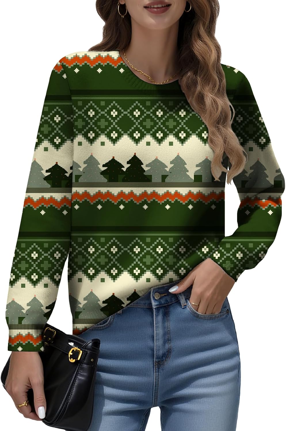 LIZALIG Womens Long Sleeve Print Pullover Sweater Round Neck Relaxed Fit Soft Comfortable Chic Fall Fashion Trendy