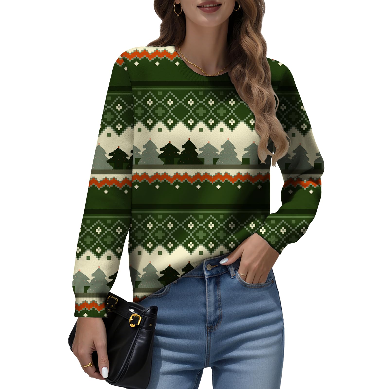 LIZALIG Womens Long Sleeve Print Pullover Sweater Round Neck Relaxed Fit Soft Comfortable Chic Fall Fashion Trendy