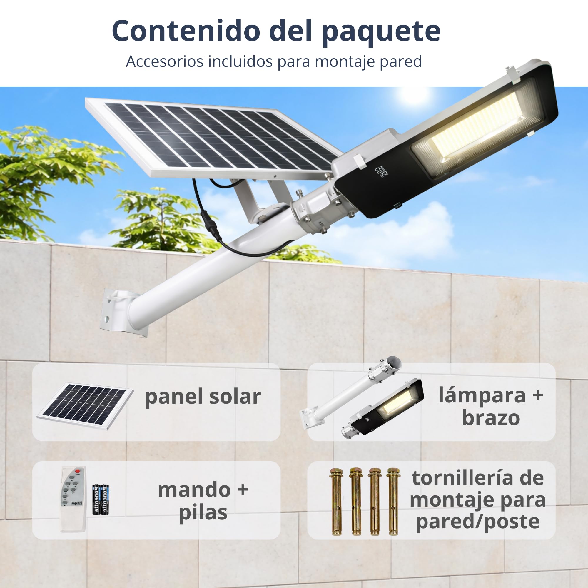 Jandei - Farola Solar Exterior 4000 Lúmenes, Impermeable IP65, Panel Solar y Mando a Distancia, Luz Blanca Fría 6000K, Ideal para Jardín, Patio, Camino y Muro