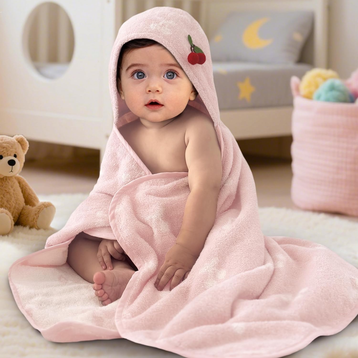 VOOVA & MOVAS Thick Baby Hooded Bath Towel - 100% Cotton,420GSM, 30.5x36 Inches,0-18Months, Super Absorbent Large Towel with Cherry Hood for Newborn,Toddler,Infant, Baby Essentials, Pink Cherry
