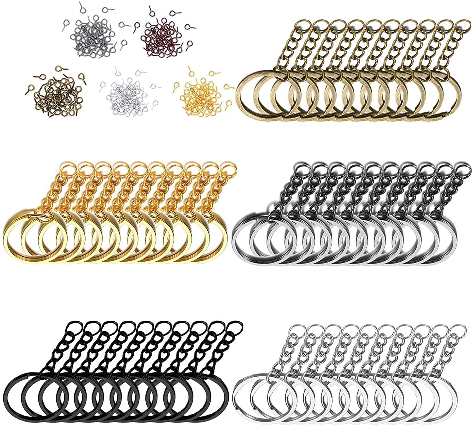 DIY Crafts 10X Pcs., Gold, Split Key Ring with Chain Set, Metal Flat Keychain Rings 1 Inch with Open Jump Rings and Screw Eye Pins Bulk, Colors, for Resin Jewel(10X Pcs., Gold)