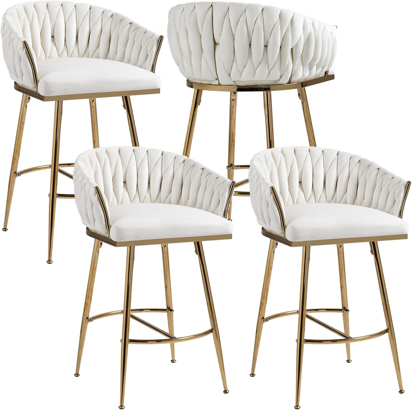 Betoko 26" Velvet Bar Stools Set of 4,Hand Woven Counter Height Barstools,Modern Kitchen Island Stool Dining Chairs,Swoop Arm Counter Chairs with Golden Chrome Legs (Beige, 2 Pair)