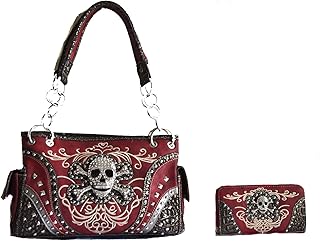 western rhinestone skull concho stitched handbag purse set (red)