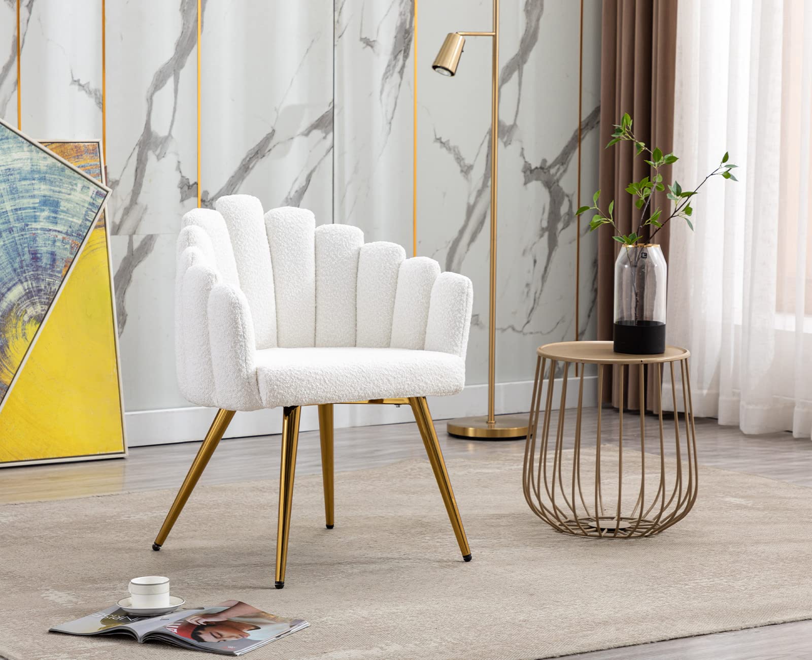 Fauteuil Rembourré Fausse Fourrure Chairus - Chaise Longue Salon Chambre Avec Pieds Métal (Blanc)