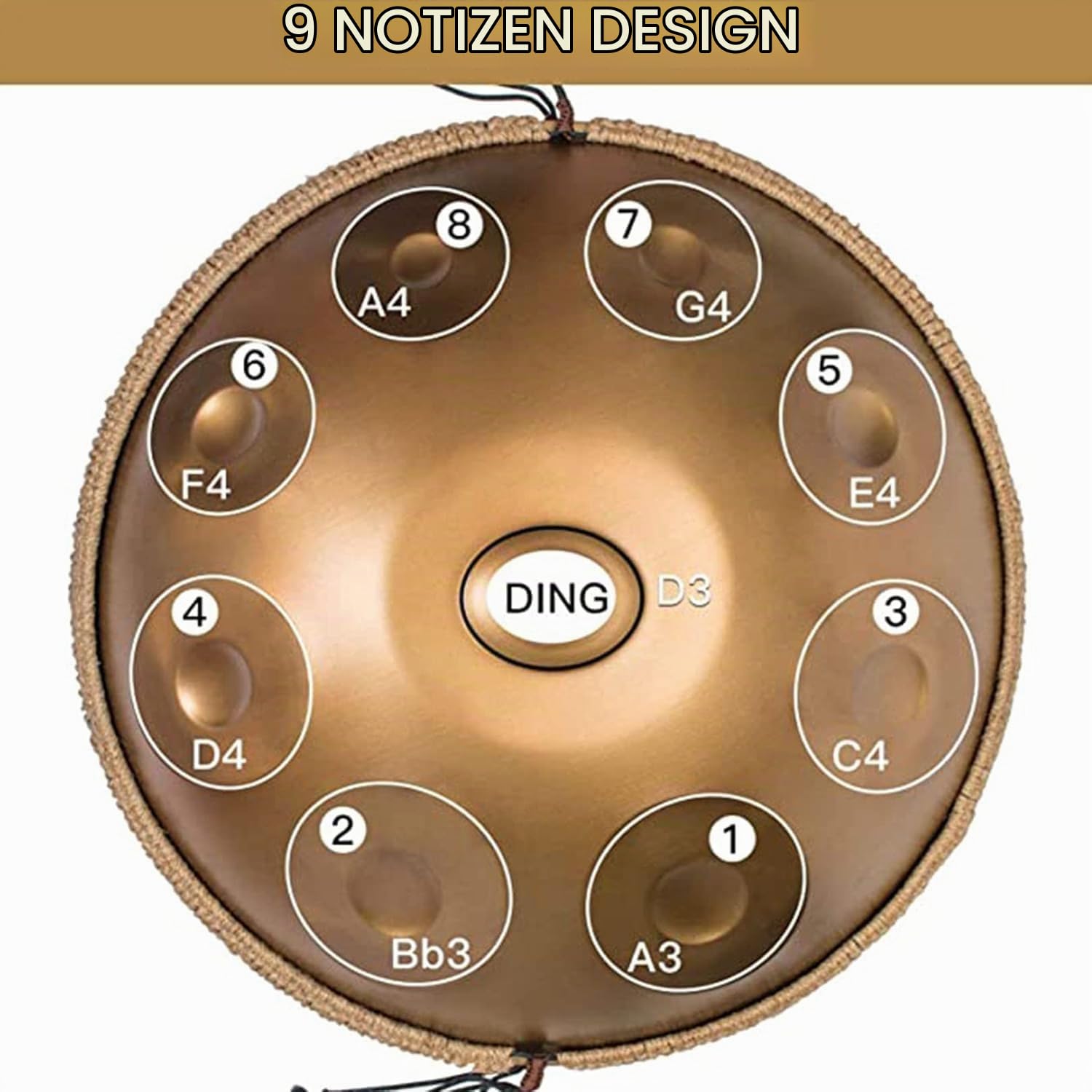 Handpan Drum 22 Zoll Schlaginstrument Handtrommel aus Stahl mit weicher Handpantasche, 2 Handpanschlägel, Handpanständer, fusselfreiem Tuch – 9/10/12 Noten (optional)