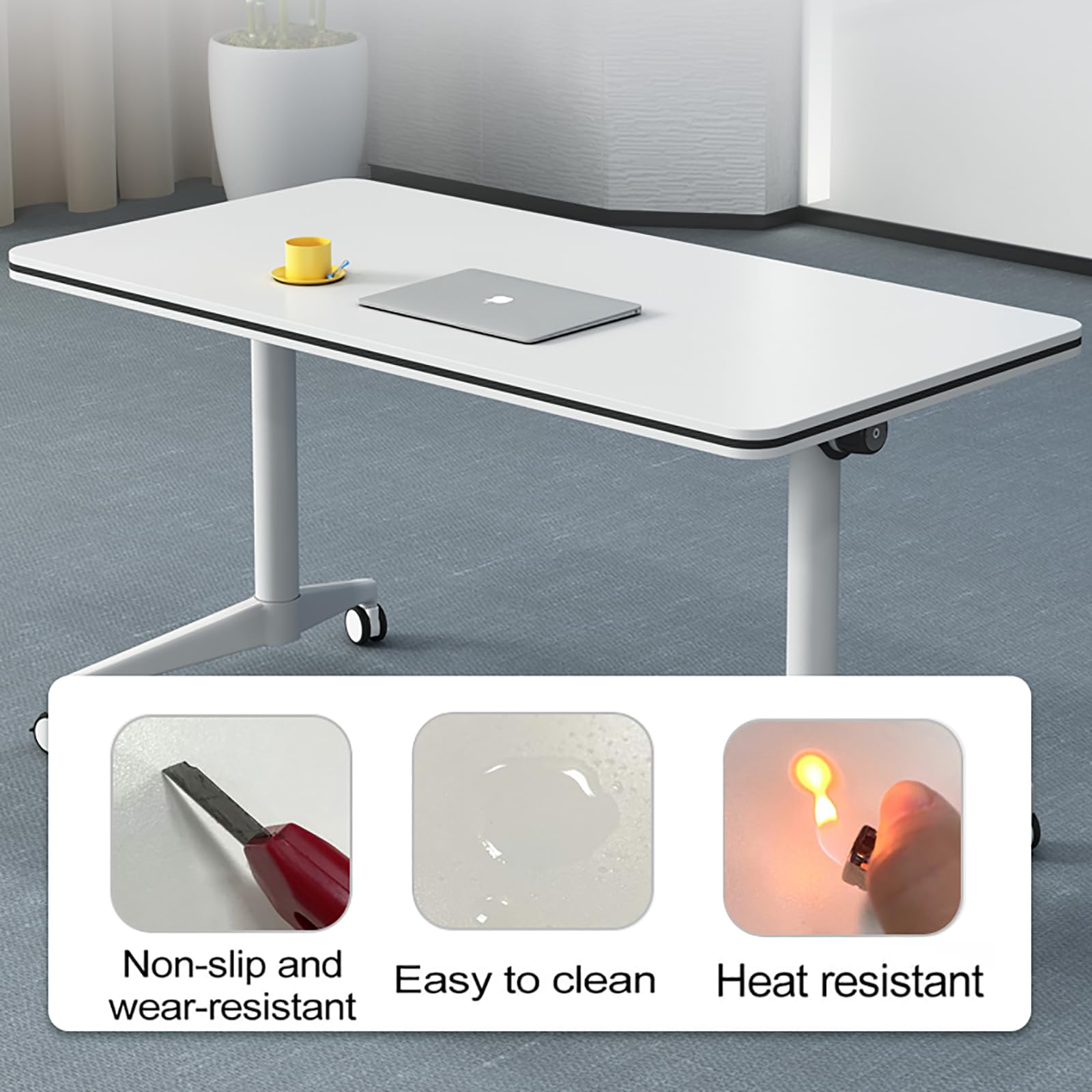 Tragbarer, klappbarer Konferenztisch mit Rollen, Klappdeckel, mobiler Trainingstisch für Büro, Klassenzimmer und Meetings, kompakter Schreib- und Computertisch (80 x 40 x 74 cm, Weiß)