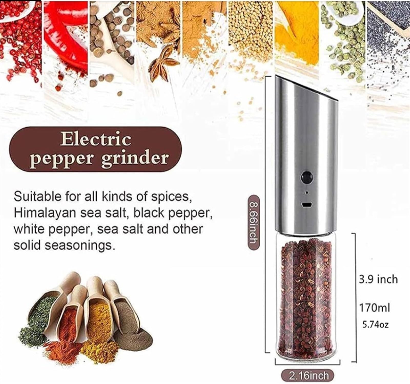 Młynek Do Przypraw Pieprzu Eletric Pepper Mill USB Akumulator Elektryczny Młynek Do Soli I Pieprzu Spice Kitchen Tool Do Różnych Przypraw(2pcs)
