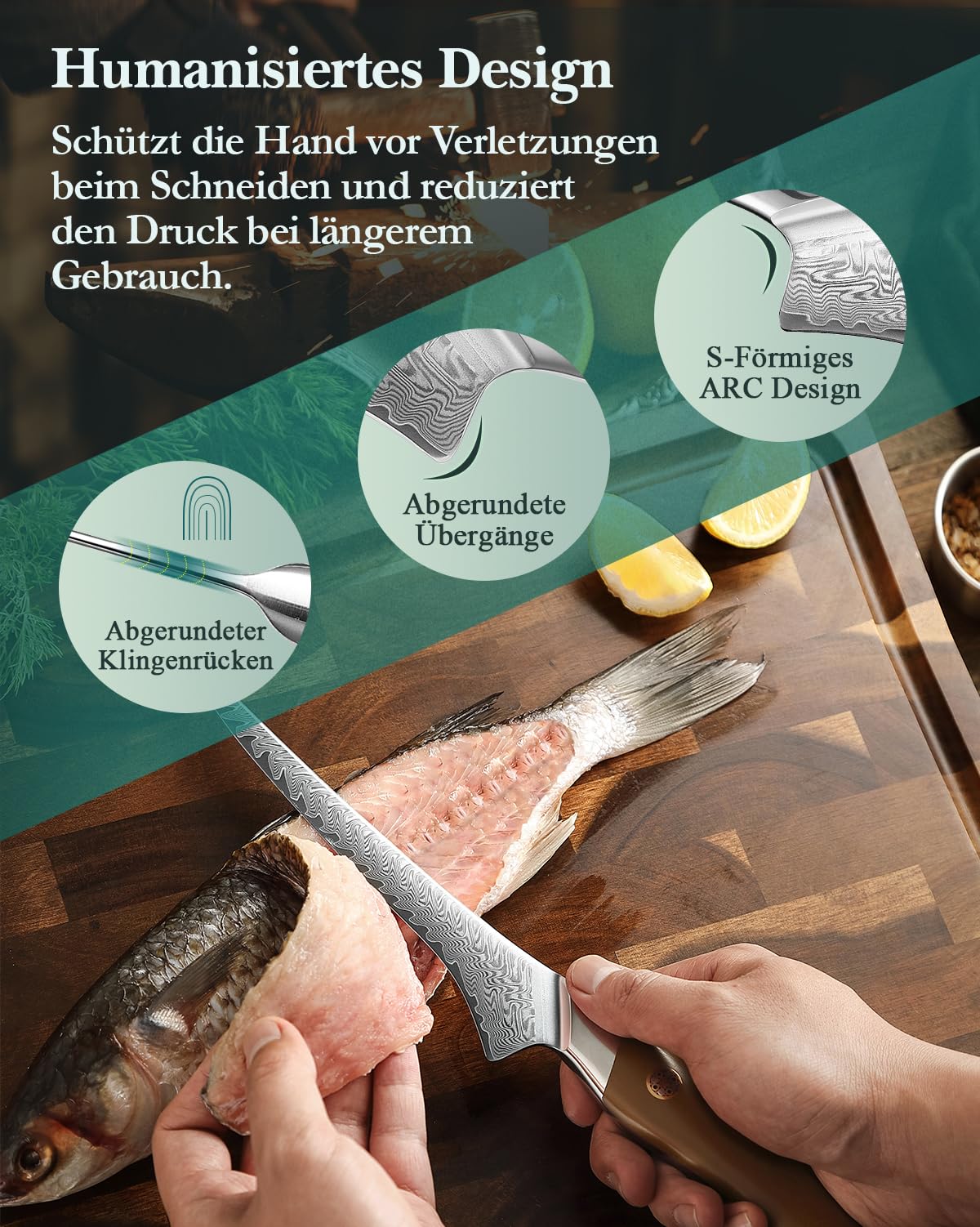 HEZHEN Damaststahl Filetiermesser, Professionelles Fischmesser, Damast Ausbeinmesser Profi, Full Tang Griff aus Leinen Micarta